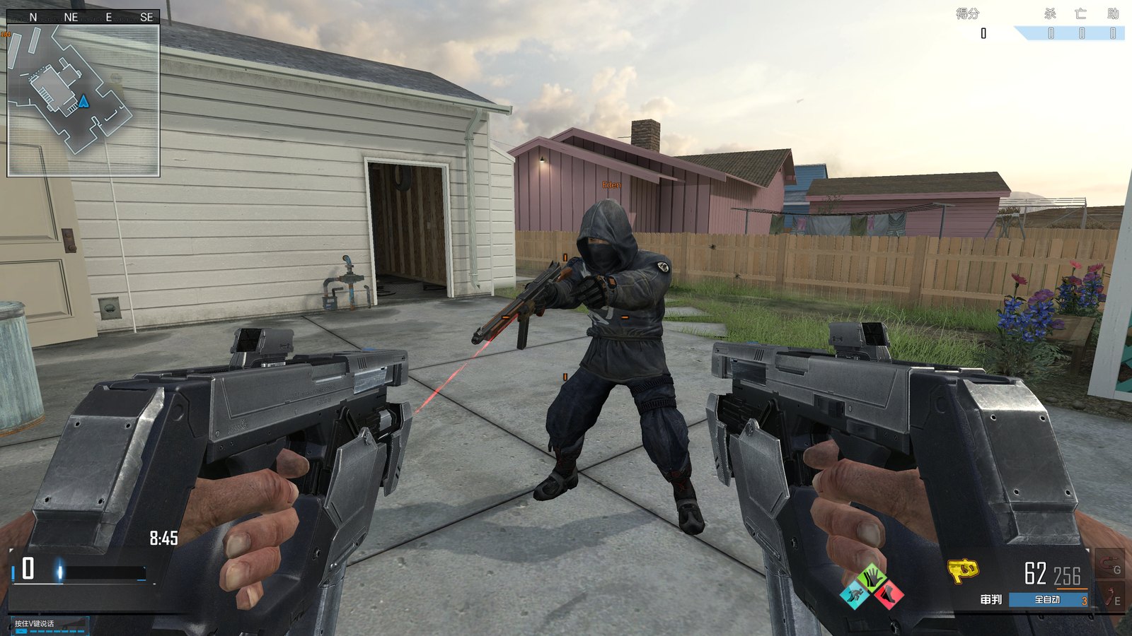 In-match first-person view: two players facing each other, with minimap, compass, score header, round clock and weapon HUD all live.