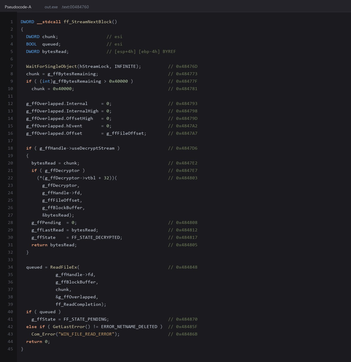 Hex-Rays pseudocode of the client's asynchronous archive read, showing the 0x40000 block cap, the overlapped read setup and the branch into the decrypting stream.